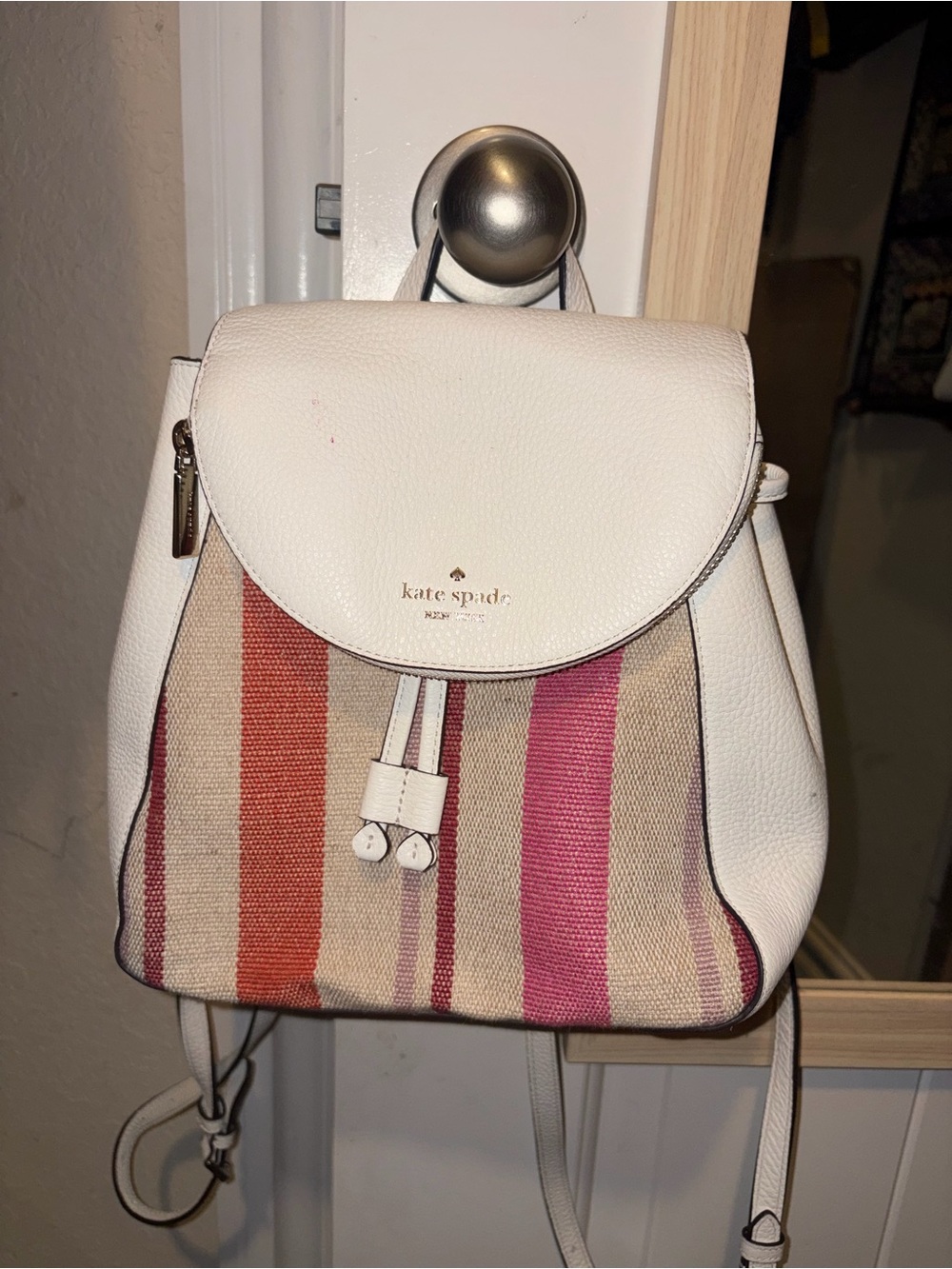kate spade White Leather-Trim Canvas Stripe Backpack